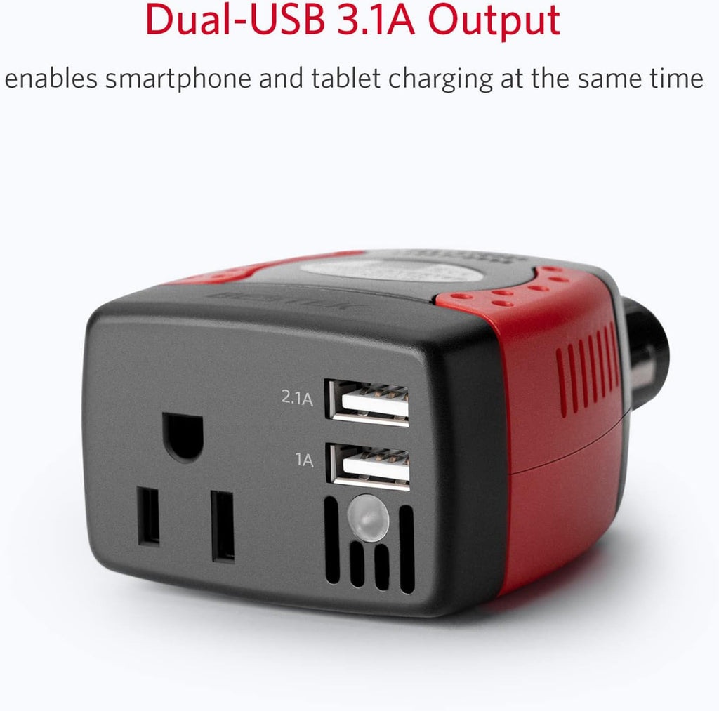 Inversor de Corriente para Auto BESTEK 150W – 12V a 110V AC + 2 USB