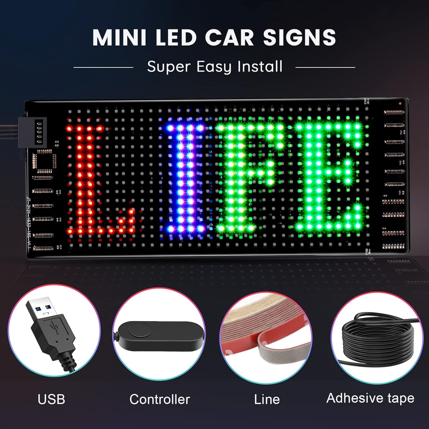 KJOY Mini LED Car Signs, 6.7''x2.76'' Flexible USB 5V LED digital sign Bluetooth Application Control DIY Programmable Scrolling LED Sign for Car Party Wedding Festival 7x3 inch