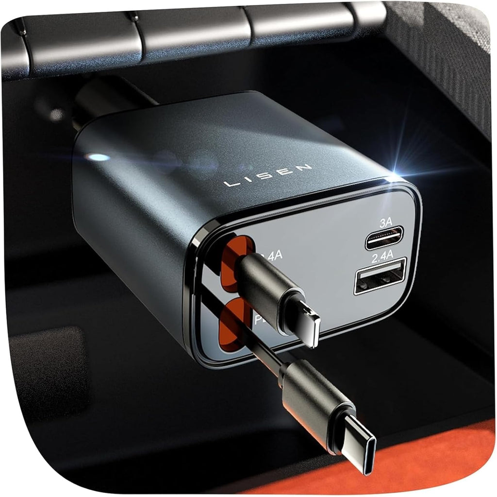 LISEN Retractable Car Charger, 69W Cars Adapter USB C Fast Charger, Car Accessories for Women Men, Christmas for Gifts for Dad Mom, Gifts for Men Women, for iPhone 17 Pro Max Air 16 15 14 13 Plus