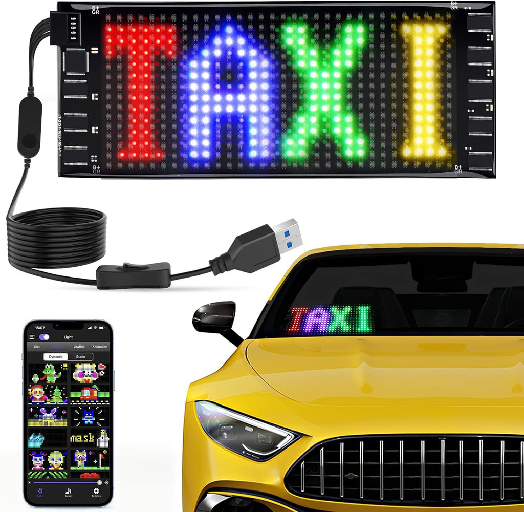 KJOY Mini LED Car Signs, 6.7''x2.76'' Flexible USB 5V LED digital sign Bluetooth Application Control DIY Programmable Scrolling LED Sign for Car Party Wedding Festival 7x3 inch