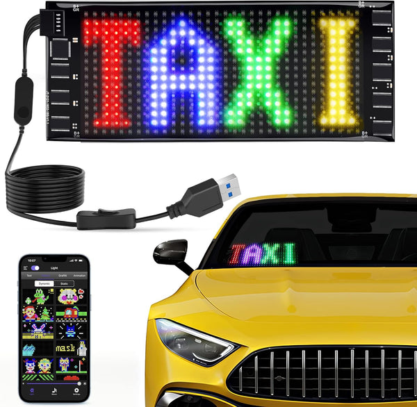 KJOY Mini LED Car Signs, 6.7''x2.76'' Flexible USB 5V LED digital sign Bluetooth Application Control DIY Programmable Scrolling LED Sign for Car Party Wedding Festival 7x3 inch
