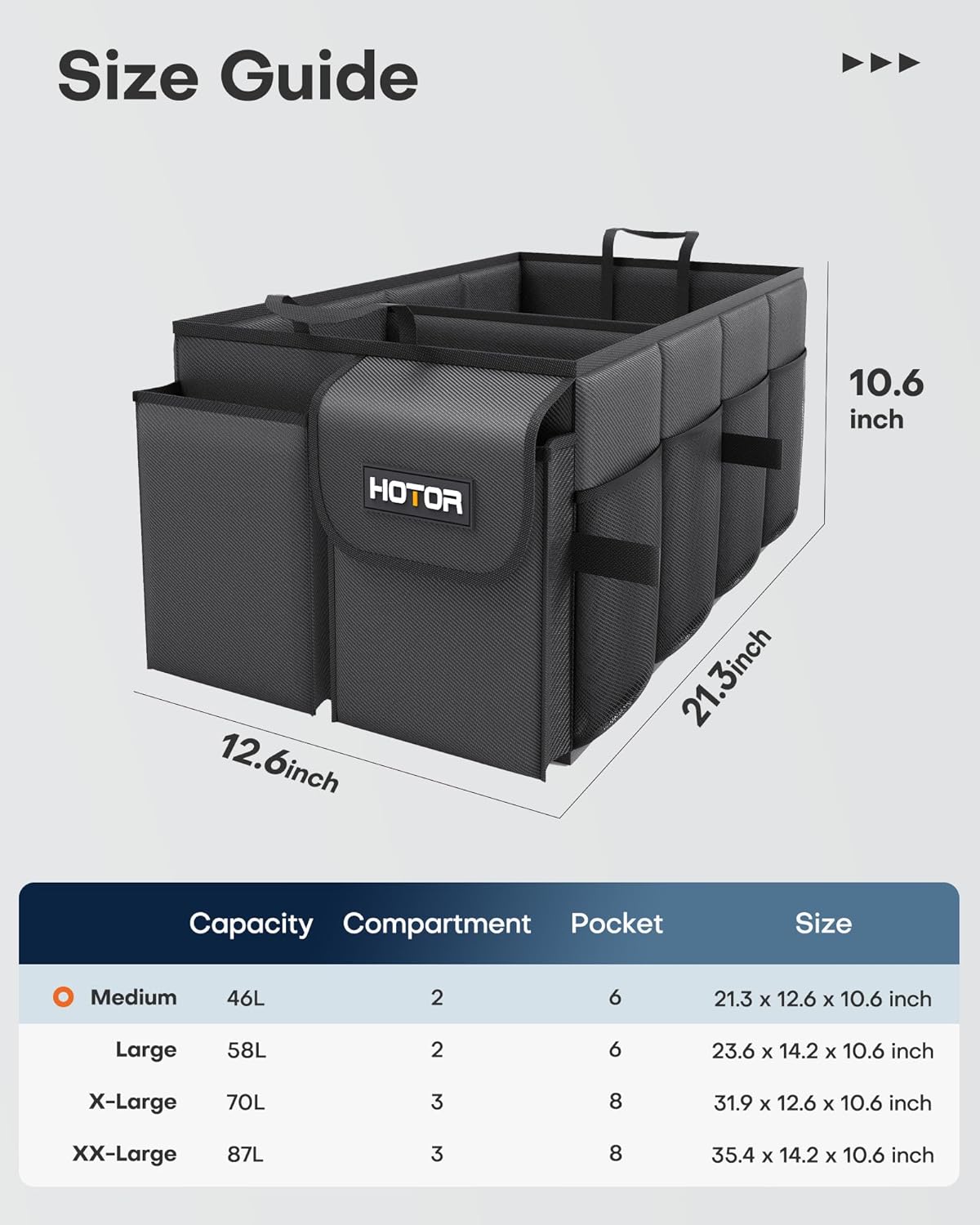 Organizador de Cajuela Plegable HOTOR – Impermeable 46L con 6 Bolsillos