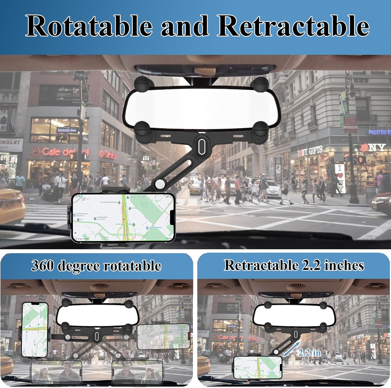 Soporte de Teléfono para Espejo Retrovisor – Rotación 360° Retráctil