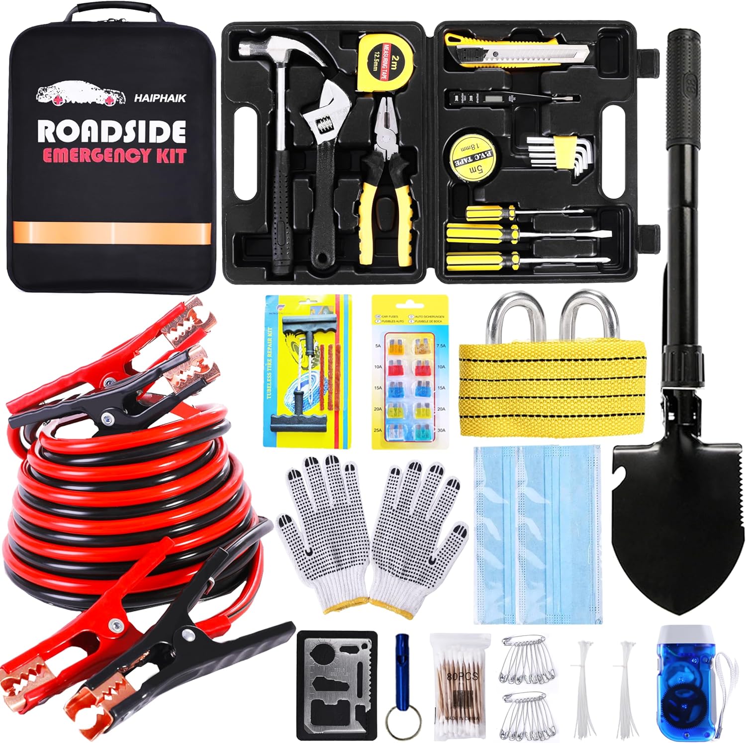 Emergency Roadside Kit for Car,Emergency Kits for Vehicles,Safety Kits for Cars, Car Jumper Cables Kit(11.8 Foot Upgrade) 124 Pcs,Tow Strap, Folding Survival Shovel,Car Tool Kit
